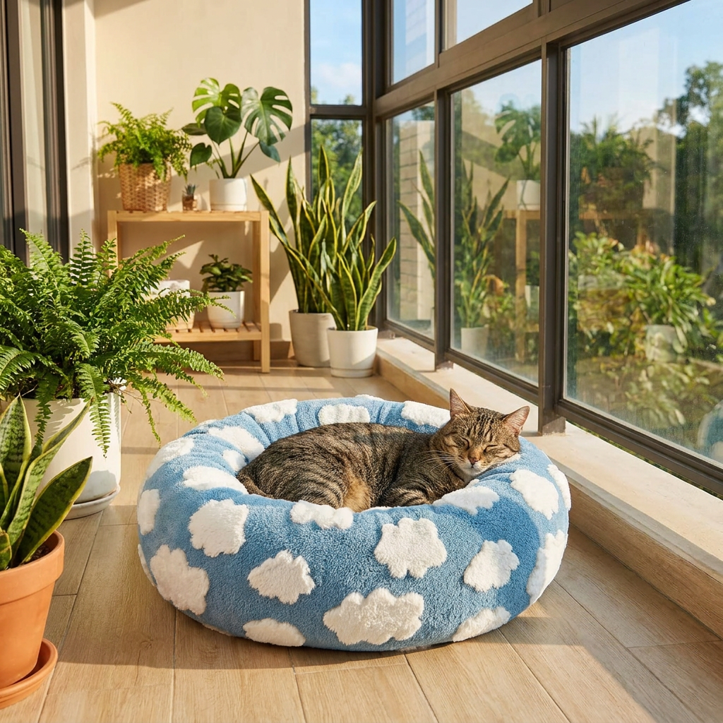 Small Medium Pet Donut Bed-60cm outer diameter, Soft Plush Round Dog Bed and Cat Bed with Raised Rim, Cozy Calming Pet Sleeping Cushion, Blue Cloud Pattern Washable Pet Bed for Small Medium Dogs Cats Puppies and Kittens