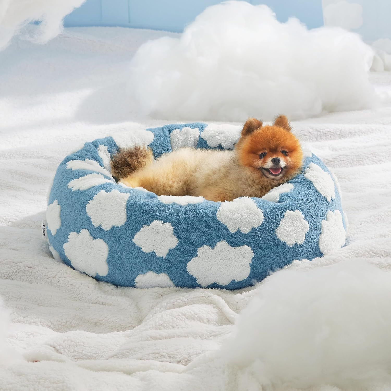 Small Medium Pet Donut Bed-40cm outer diameter, Soft Plush Round Dog Bed and Cat Bed with Raised Rim, Cozy Calming Pet Sleeping Cushion, Blue Cloud Pattern Washable Pet Bed for Small Medium Dogs Cats Puppies and Kittens