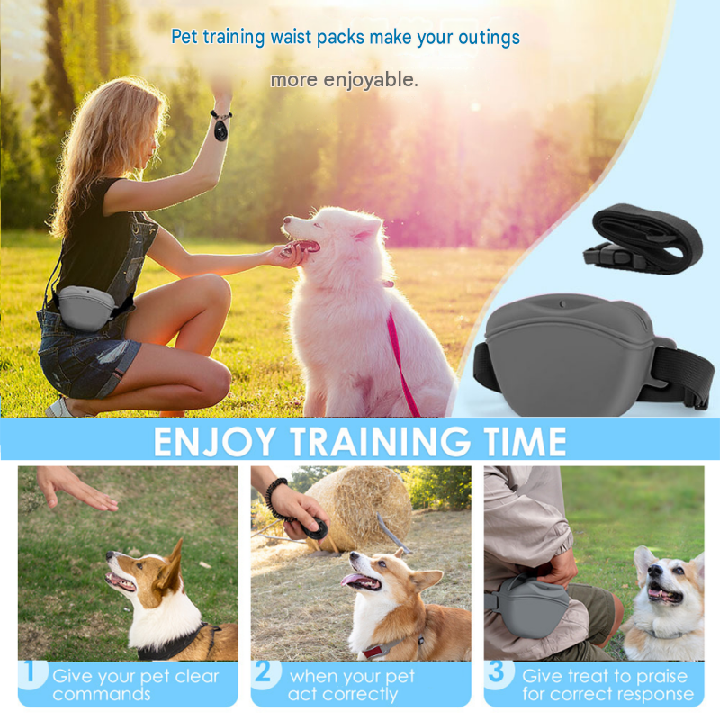 Black Silicone Dog Training Treat Pouch - Magnetic Closure, Adjustable Waist Belt, Portable Pet Snack Bag for Walking and Obedience Training