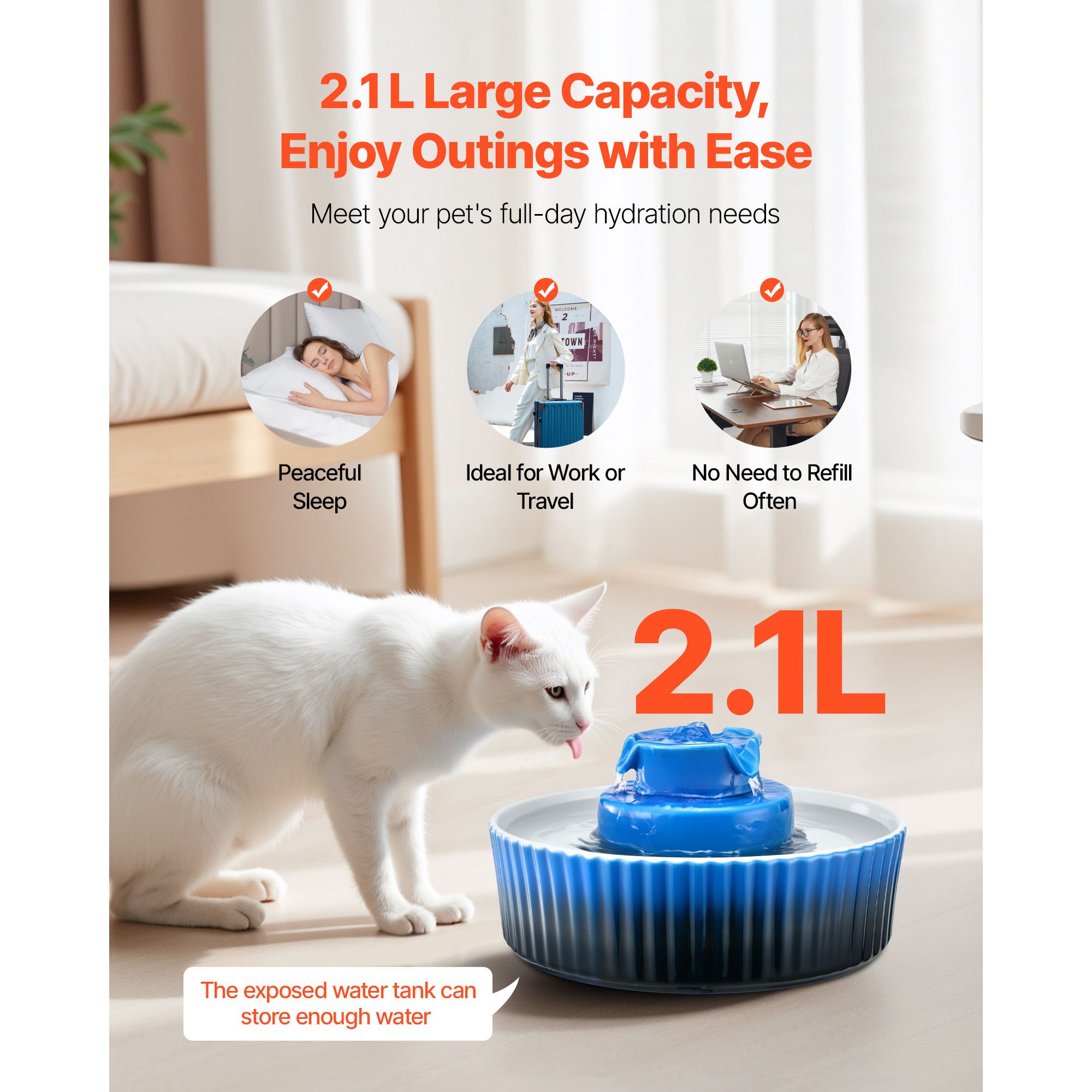 Ceramic Cat Water Fountain, 2.1 L Cupcake Pet Fountain, Porcelain Cat Water Dispenser with Ultra-Quiet Pump, 360° Drinking Area and Multi-Layer Filtration System, for Cats & Dogs Drinking(Blue)