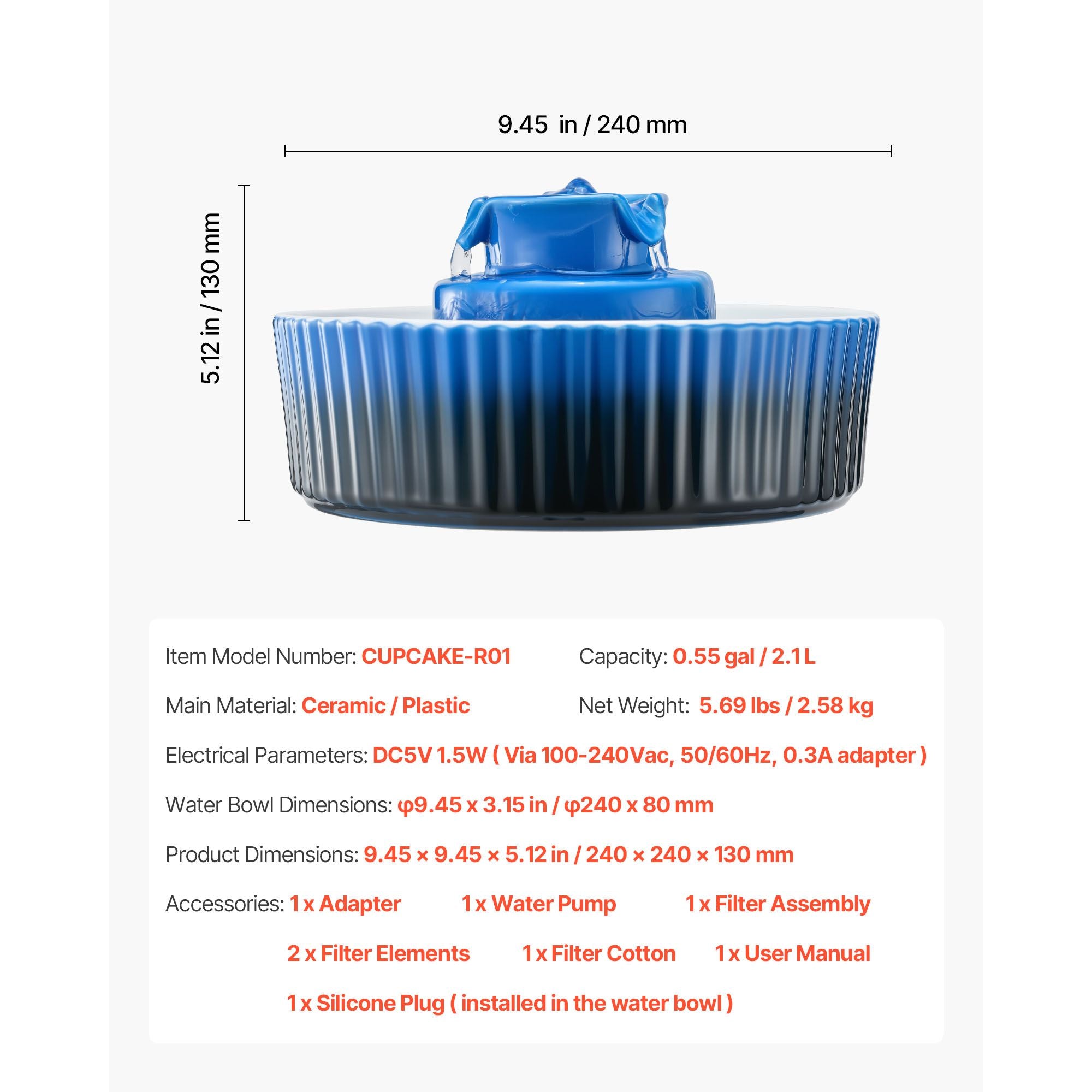 Ceramic Cat Water Fountain, 2.1 L Cupcake Pet Fountain, Porcelain Cat Water Dispenser with Ultra-Quiet Pump, 360° Drinking Area and Multi-Layer Filtration System, for Cats & Dogs Drinking(Blue)